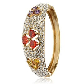 Womens Solid Stylish Round Cuff Bangle, 3 Leaf Heart Clover with Red or Amethyst Swiss Crystal Elements Great Gift Idea for Christmas & Anniversary Under £10 by Janeo Jewels, Limited Stocks