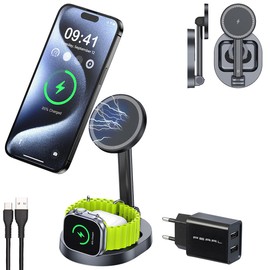 Callstel Induction Charging Stand: Foldable 3-in-1 MagSafe Charging Station with Two Charging Areas Including Power Supply (3-in-1 Charging Station Validable, 3-in-1 Fast Charging Station)