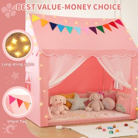 BabyAlly Kids Tent Play House with Star Lights, Flags,Large 59''x39''x59'' Kids Play Tent,Princess Castle Playhouse Kids Tent Indoor&Outdoor, Toddler Tent for Girl，Play Cottage(Pink)