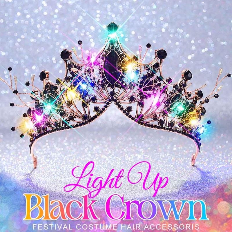 Kilshye Light Up Black Rhinestone Crown LED Gothic Tiara Headband