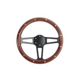 14" Classic Nostalgia Wood Grain Steering Wheel - 350mm, 3-Spoke, Mahogany Wood Grip, Black Finish