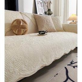 Huierxun Luxury Vintage Cotton Embroidery Sofa Cover Soft Farmhouse Seat Cushion Cover Floral Quilted Sectional Couch Cover Anti-Slip Sofa Slipcovers Furniture Protector for Dogs Cats (Beige,28"x82")