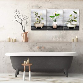 LoveHouse Bathtub Flower Picture for Bathroom Wall decor Premium Giclee Canvas Wall Art Grey White Camellia Common Callalily Floral Artwork for Living Room Bedroom Kitchen Easy to Hang 12X16inchx3pcs
