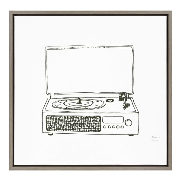 Kate and Laurel Sylvie Victrola Record Player Framed Canvas Wall Art by Statement Goods, 24x24 Gray, Boho Chic Music Decor