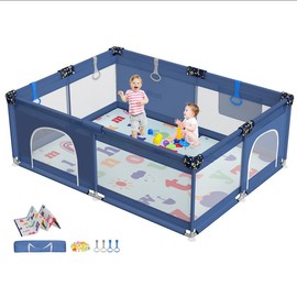 CoziBB BP01 Baby Playpen with Mat, 71" × 59" Extra Large Playpen for Babies and Toddler, Baby Fence Play & Sleep Area for Indoor & Outdoor - Color: Blue