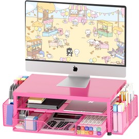 OPNICE Desk Organizer and Accessories, 2-Tier Computer Monitor Stand with Drawer and 2 Pen Holders, Office Desk Accessories for Office Supplies, Carmine Rose