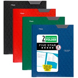 Five Star Five Star 2 Pocket Folders, 4 Pack, Plastic Folders with Stay-Put Tabs and Prong Fasteners, Holds 8-1/2" x 11" Paper, Writable Label, Black, Fire Red, Forest Green, Pacific Blue (38048)