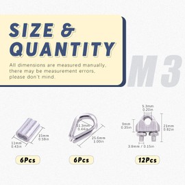 Glarks 24Pcs M3 Wire Rope Cable Clip Clamp with Cable Thimbles Combo and Aluminum Crimping Loop Sleeve Set for Wire Rope Cable Thimbles Rigging (1/8'' Wire Rope Clips Set)