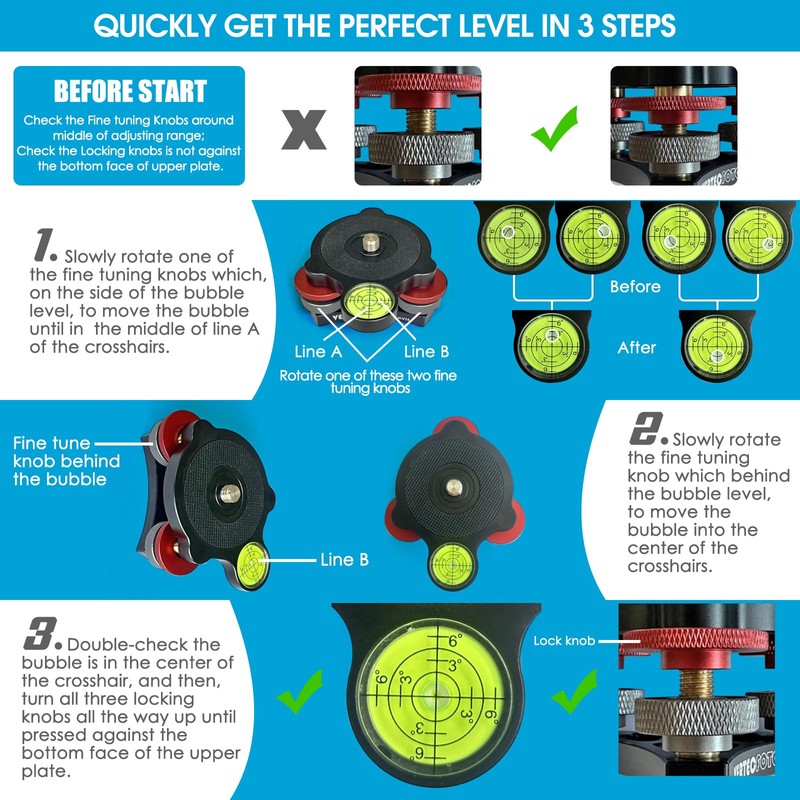 VERTECFOTO 【Upgraded+】 Tripod Leveling Base :Support 1/4" and 3/8" Both