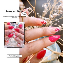 French Press on Nails Removable Fake Nails Almond Short Glue on Nails Rose Red Full Coverage False Nails with Designs Flower Easy to Use Acrylic Nails For Daily and Party Stick on Nails 24 Pcs