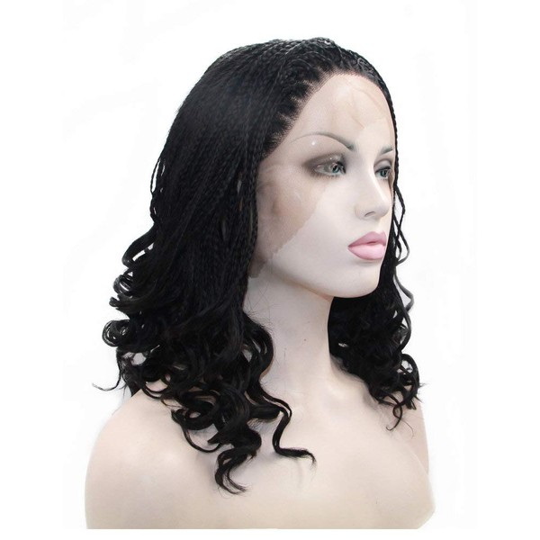 Flawless Handmade Box Braided Wig with Bouncy Curly Synthetic Hair Natural Black Afro America Drag Queen Black Lace Front Wig for Women Cosplay