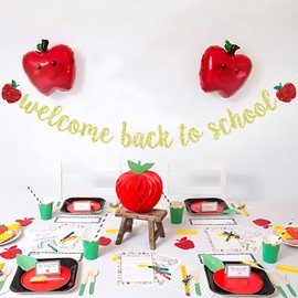 Jenrtvis Welcome Back to School Banner, First Day of School Party Decoration Supplies, School Party Banner, Ready to Learn Banner, Back to School Decoration for Classroom, Gold Glitter
