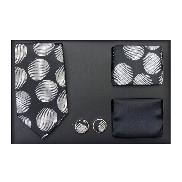 New formal Men's skinny necktie hankie cufflinks gift set pattern black white