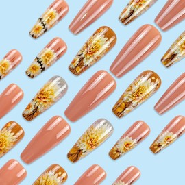24Pcs Press on Nails Medium Coffin Spring Fake Nails Press ons with Cute Sunflower Design Glossy False Nails Full Cover Acrylic Nail Art Kit Glue on Nail for Women Girls Manicure Decoration