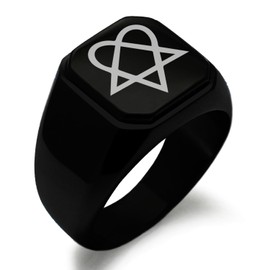 Tioneer Black Plated Stainless Steel Heartagram Symbol Square Flat Top Signet Biker Rings for Men, Size 12.5
