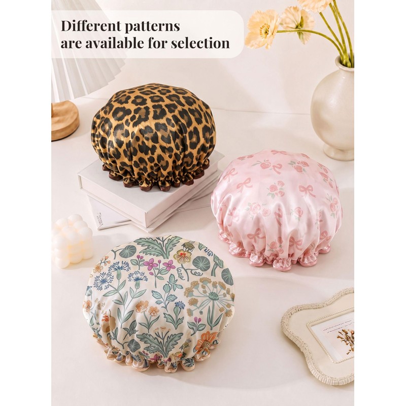 Leopard Satin-Lined Shower Cap for Girl Reusable Waterproof Women