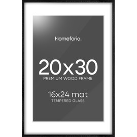 Homeforia 20x30 Black Wood Frame, High End Oak 20x30 Picture Wood Frame with Mat 16x24, 20 x 30 Wooden Frame Matted to 16 x 24 Photo, 30x20 Frames, Tempered Glass, Wall Hook Included, Set of 1