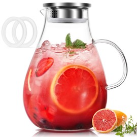 LUNA & MANTHA Glass Pitcher with Lid, 86oz Glass Water Pitcher, Large Hot Cold Water Jug, Borosilicate Drink Jug for Iced Tea, Sangria and Coffee Beverage Carafe with 2 Silicone Rings