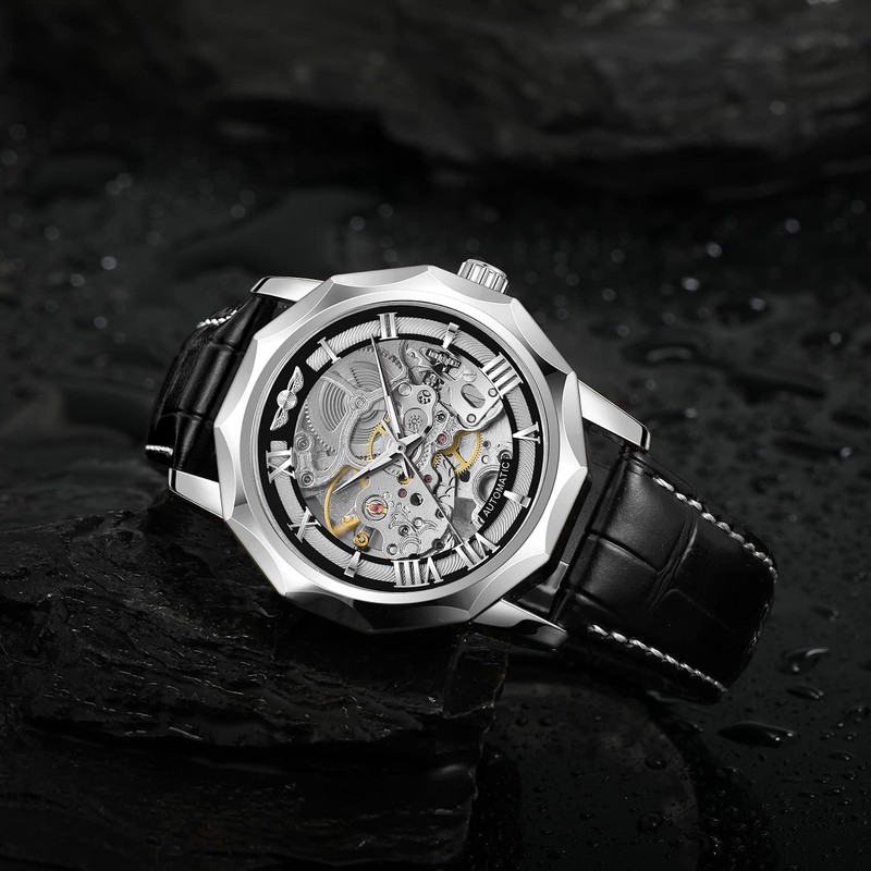 FORSINING Mens Automatic Mechanical Dodecagon Skeleton Roman Numerals Genuine Leather