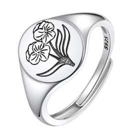 925 Sterling Silver Birth Flower Ring for Women Dainty February Violet Adjustable Floral Stamped Signet Ring