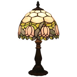 Tiffany Style Table Lamp, Pink Tulip Stained Glass Lamp, 8 Inch Small Antique Lamp, for Bedside Nightstand Bedroom Living Room Home Office, Include LED Bulb