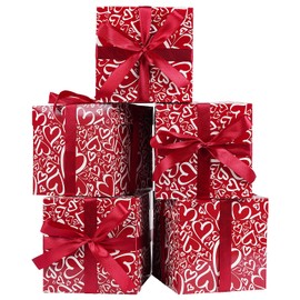 Jaywayang 5 Pack Red Valentine Gift Boxes with Lids, Ribbons and Tissue Papers Square Gift Boxes - 7.1 Inch - Presents Wrapping Valentine's Day Decoration Birthday Anniversary Party Favor Boxes.