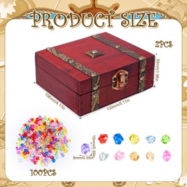 Sixfolo Pack of 2 Wooden Treasure Chest Small 13 x 11 x 5.5 cm Vintage Treasure Chest Wooden Pirate Treasure Chest Children with 300 Fake Gemstones for Storage, Pirate Party, Treasure Hunt Children's