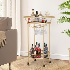FLORA Round Black Rolling Bar Cart Wine Rack and Lockable Casters,2 Mirrored Shelves Serving Cart for Kitchen, Club, Living Room