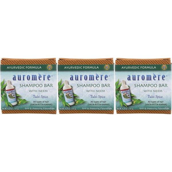 Auromere Ayurvedic Shampoo Bar - Eco Friendly, Handmade, Vegan, Cruelty Free, Natural, Non GMO, All in One Bar for Soap and Shampoo (4.23 oz), 3 pack