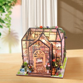 Cuteefun Miniature DIY Dolls House Kit, 1:24 Miniature Greenhouse Craft Kit for Adults, LED Warm Light, Handmade Crafts for Adults Birthday Valentine's Day Father's Day (Flower House)