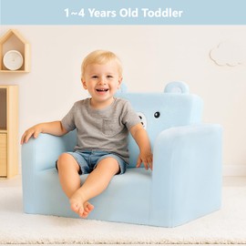 MONKISS Toddler Couch, 2-in-1 Kids Sofa Fold Out, Convertible Sofa to Lounger for Girls and Boys, Toddler Chairs Comfy 1-3 Years Old, SF04, Blue Bear