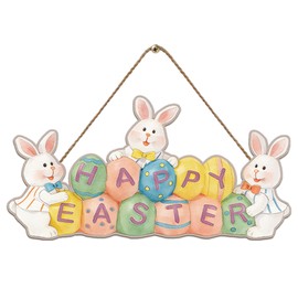 Happy Easter Wooden Hanging Sign, Egg and Bunny Pattern, Easter Decorations for Home, Country/Retro Style, Spring Decorations, Farmhouses, Homes, Doors, Decoration & Gift (10" x 5") - A01