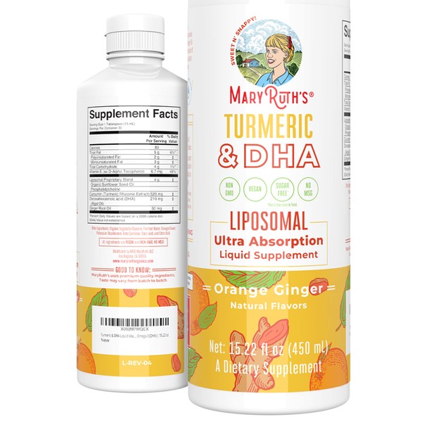 MaryRuth Organics, Liposomal Turmeric & DHA, Curcumin, Ginger Root Oil, Algal DHA & Vitamin E, Cognitive Function, Mood Support, Joint Health, Liquid Supplement, 15.22 oz