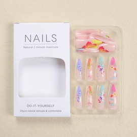 CEWEWP Flower Press on Nails Almond Fake Nails Colorful Gradient Nail Tips Spring Stick on Nails Acrylic Nails Long False Nails Gorgeous Floral Nails Designs Cute Nails for Women and Girls 24 Pcs