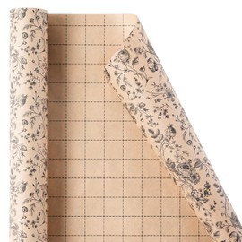 Ulmasinn Kraft Floral Wrapping Paper Roll - 17 Inches x 33 Feet - Vintage Black Floral Design with Cut Lines for Upscale Gifts, Birthday, Bridal Shower, Wedding, Mother’s Day, Valentine's Day