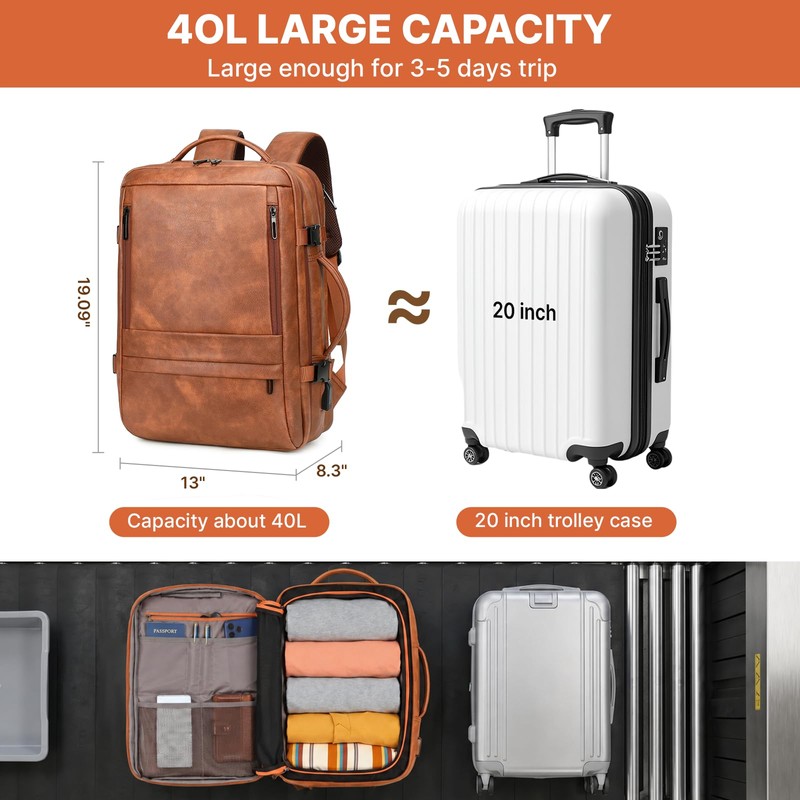 Travel Backpack Women, PU Leather Carry On Backpack Flight Approved,
