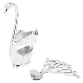 Coffee Dessert Spoon Set, Metal Coffee Spoon Holder Teaspoon Fruit Dessert Flatware Swan Base Holder with 6Pcs Ice Cream Spoons Teaspoons Coffee Dessert Flatware (Silver White)