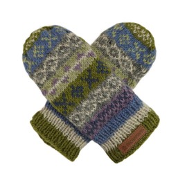 Pachamama Women Wool Mittens Fleece Lined Handknitted Fairisle Multicoloured One-Size Handmade Extra Warm Fair Trade (Wool, Olive)