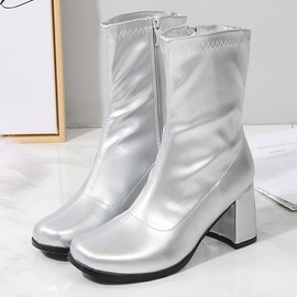 LIURUIJIA Women's Gogo Boots Mid Calf Block Heel Zipper Square Toe Short Booties For Disco Party Cosplay Dance Silver 39(245/US8.5)