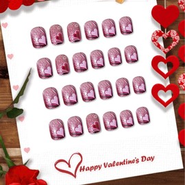 TENPAL Valentine's Day Press on Nails,24pcs Glitter Ombre Short Square Fake Nails with Tools Kit,Sparkling Hearts Design False Nails, Sweet Reusable Glossy Glue on Nails Short for Daily(Pink Purple)
