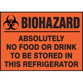 Accuform Signs LBHZ935VSP Safety Label, Legend "Biohazard - Absolutely NO Food OR Drink to BE STORED in This Refrigerator" with Graphic, 3.5" x 5", Black on Orange-Red (Pack of 5)