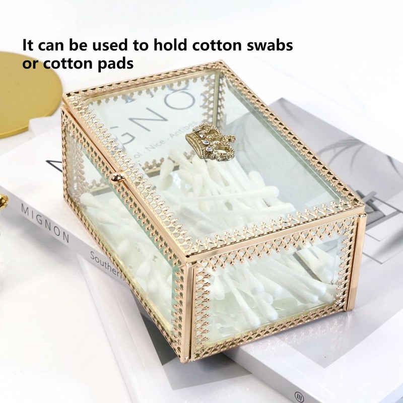 NAJMECHOY ガラスジュエリーボックス ミラーボトム クラウン蓋付き メイクボックス リップスティックリングピアス 収納ボックス ゴールドガラスボックスリング ブレスレットディスプレイ 透明ボックス