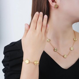 OSIRIDEH2 3Pc 18K Gold Plated Flower Design Stainless Steel Necklace for Women, Elegant Floral Style Necklace Bracelet Jewelry Gift (Green 3pcs)