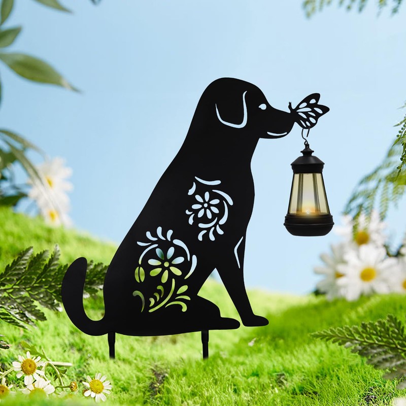 Solar Lights Outdoor Garden Decor - Metal Dog Holding Lantern