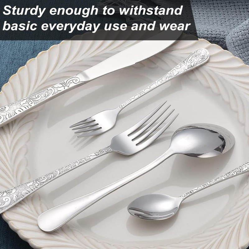 Runfly Vintage Carved Stainless Steel 20 Pieces Flatware Set, Silverware
