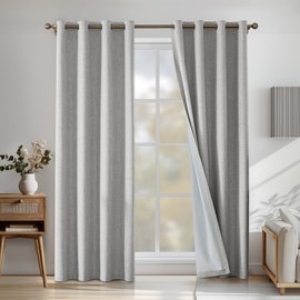 CYCMACO 100% Blackout Curtains, 2 Pieces, 140 x 300 cm, Linen Effect, Thermal Insulating Curtains for Interior with Rings, Sound Absorbing, Bedroom Curtains, Living Room, Grey White