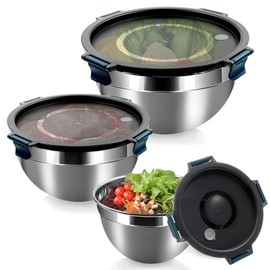 Daily Treasures Mixing Bowls with Airtight Clear Lids Set of 3,Thicker Stainless Steel Mixing Bowl Set,Nesting Bowls for Cooking, Prepping, Baking, Serving & Food Storage, Size 5, 3, 1.5QT