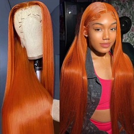 36 Inch Orange Lace Front Wigs Human Hair 200% Density 13x6 Straight Lace Front Wigs Human Hair Pre Plucked Colored Lace Frontal Wig for Women Glueless Human Hair Wig with Baby Hair Natural Hairline