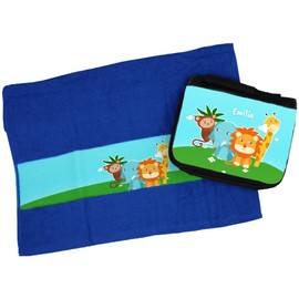 Eurofoto Handtuch + Kulturbeutel Set mit Namen Emilia und Zoo-Motiv für Mädchen | Handtuch und Kulturbeutel Bedruckt |