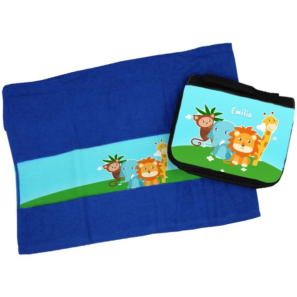 Eurofoto Handtuch + Kulturbeutel Set mit Namen Emilia und Zoo-Motiv